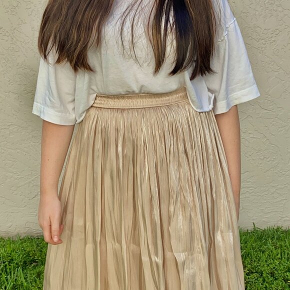 High-Waisted Pleated Midi Skirt Women’s Champagne Metallic Skirt - Picture 5 of 5
